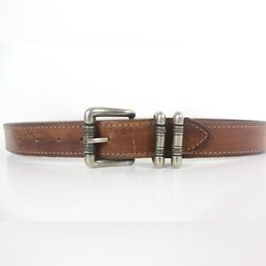 Vintage Thick Tan Brown Leather Belt with Silver Buckle
